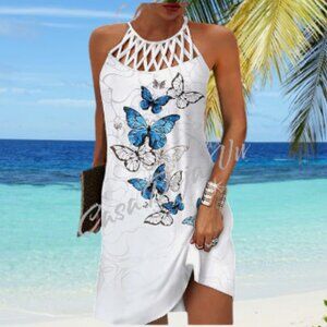 Pretty Spiderweb Halter Strap Butterfly Jersey Knit Midi Coverup Sun Dress